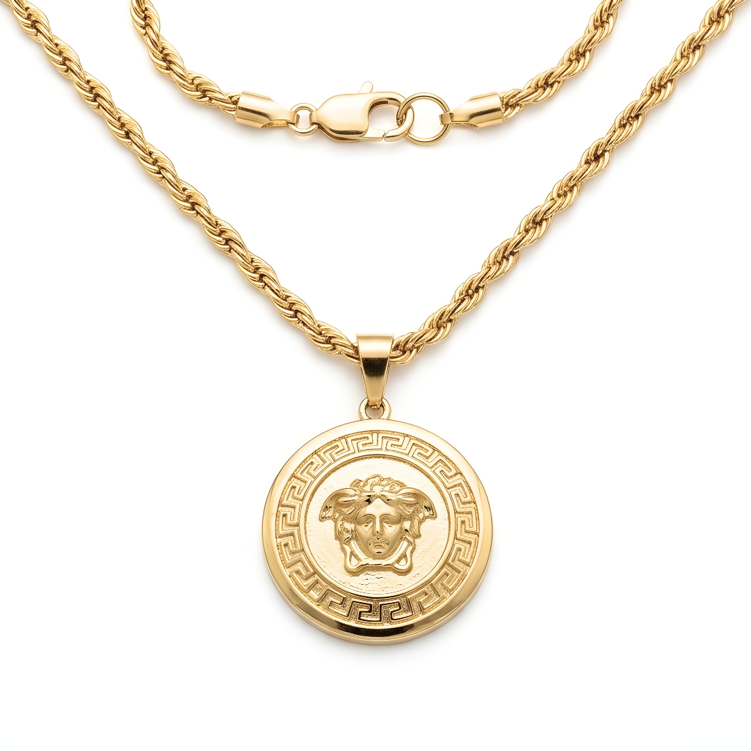 18K Gold Filled Iconic Greek Medusa Head Pendant Necklace – 35mm Medallion with Rope Chain